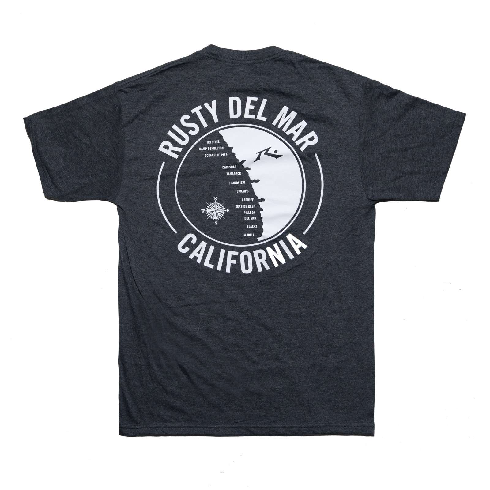 Rusty Del Mar Surf Map California Men's T-Shirt Charcoal Heather