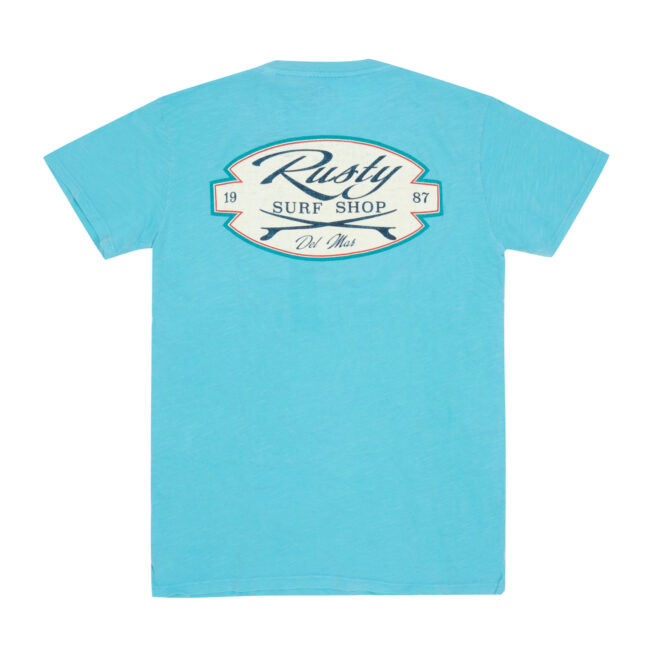 Rusty Del Mar Wheedle Surfboard Short Sleeve T-Shirt in Carolina Blue